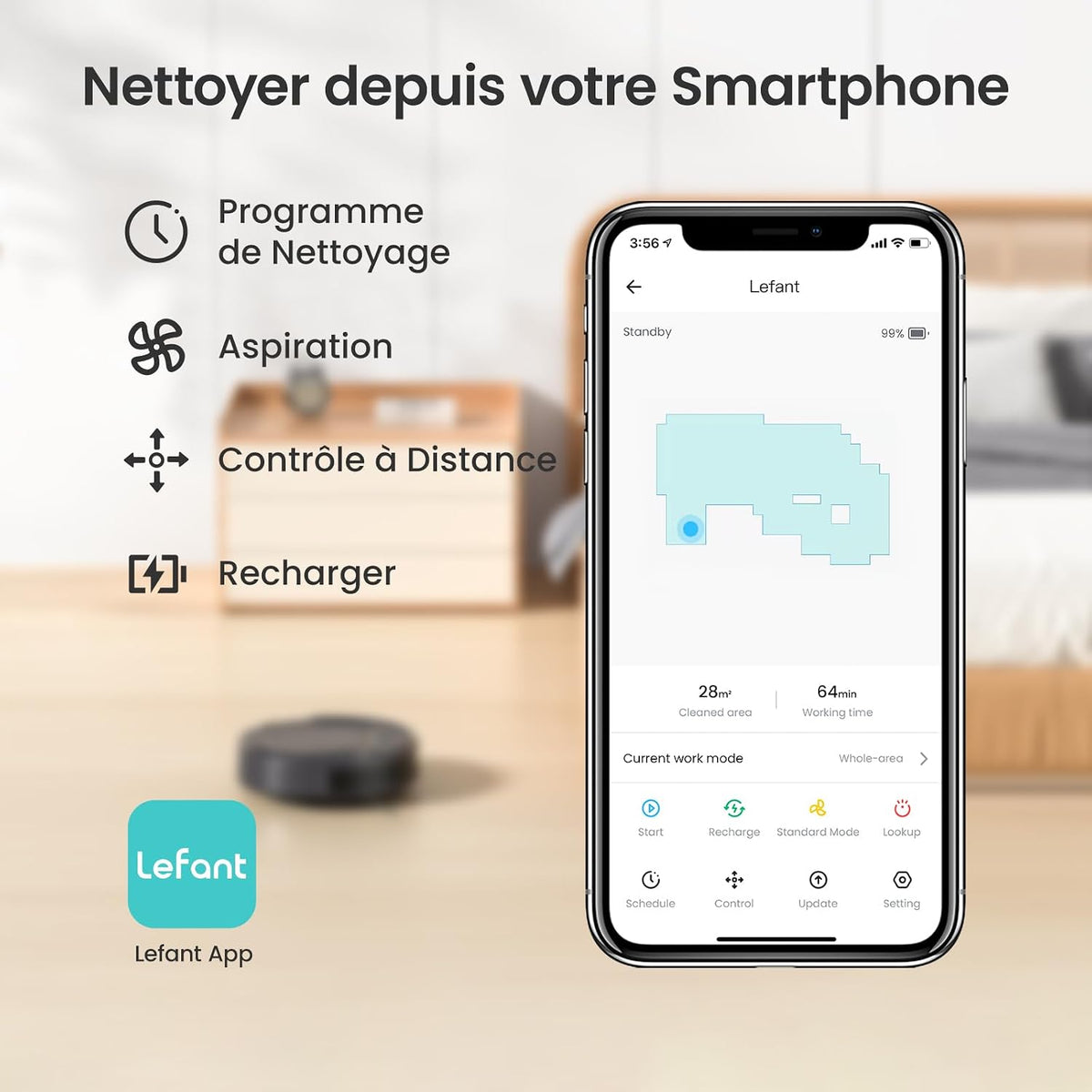 Lefant Aspirateur Robot, Robot Aspirateur Mince Silencieux Connecté avec WiFi/Bluetooth/Alexa/App, 6 Modes de Nettoyage, Auto-Charge, 120min d'Autonomie, Idéal pour Poils d'animaux Sols Durs, M210P
