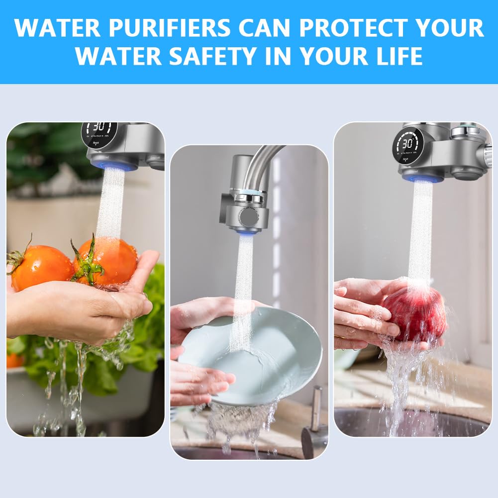 HOTUT Filtre Eau Robinet, Système de Filtre à Eau avec Affichage LED, Comprend 1 Cartouche, 8 Couches de Filtrage, Enlève Impuretés, Chlore, Eau de Javel, Vers, Installation Facile
