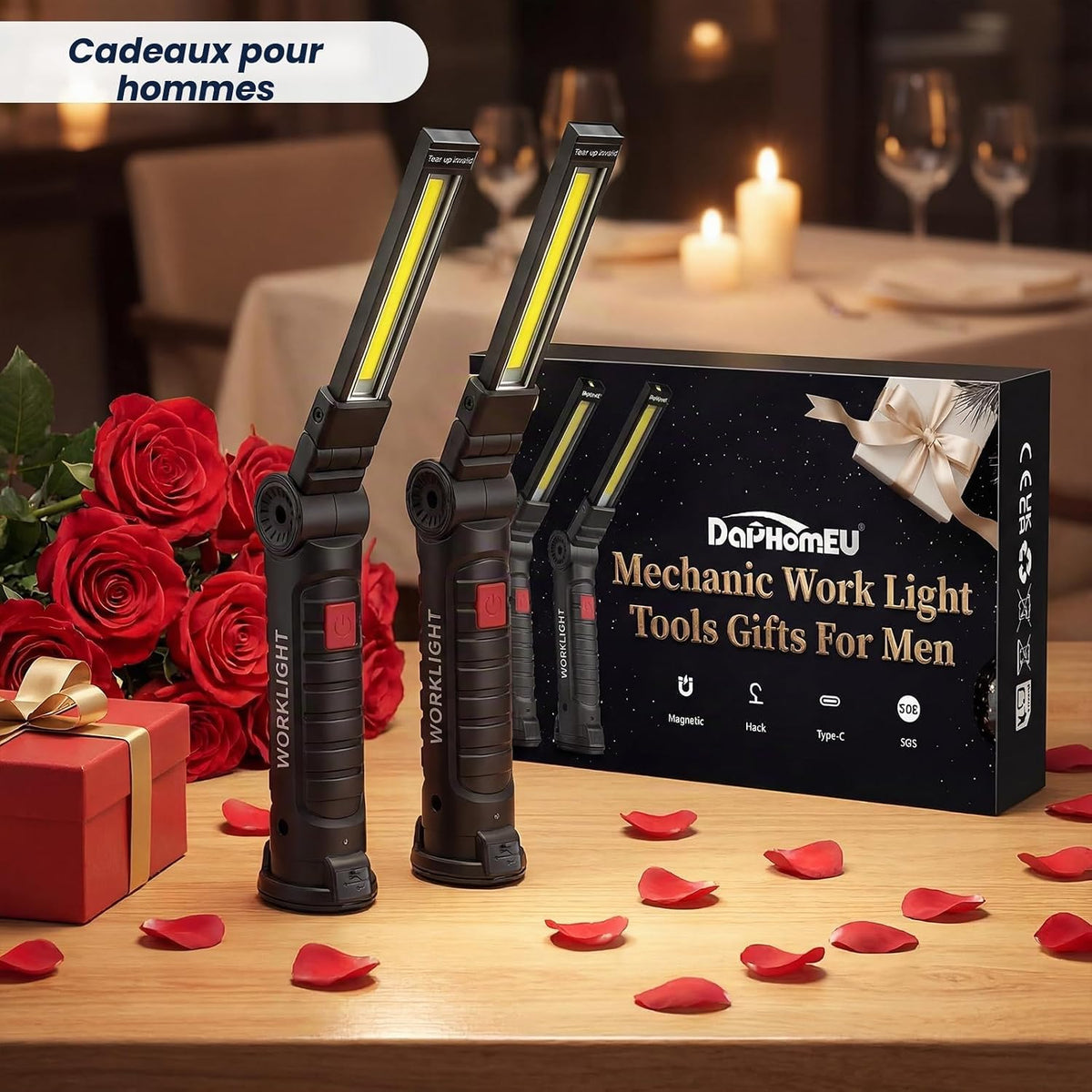 Daphomeu Lampe d'Inspection LED Rechargeable Magnétique, 4 Pièces, Noir
