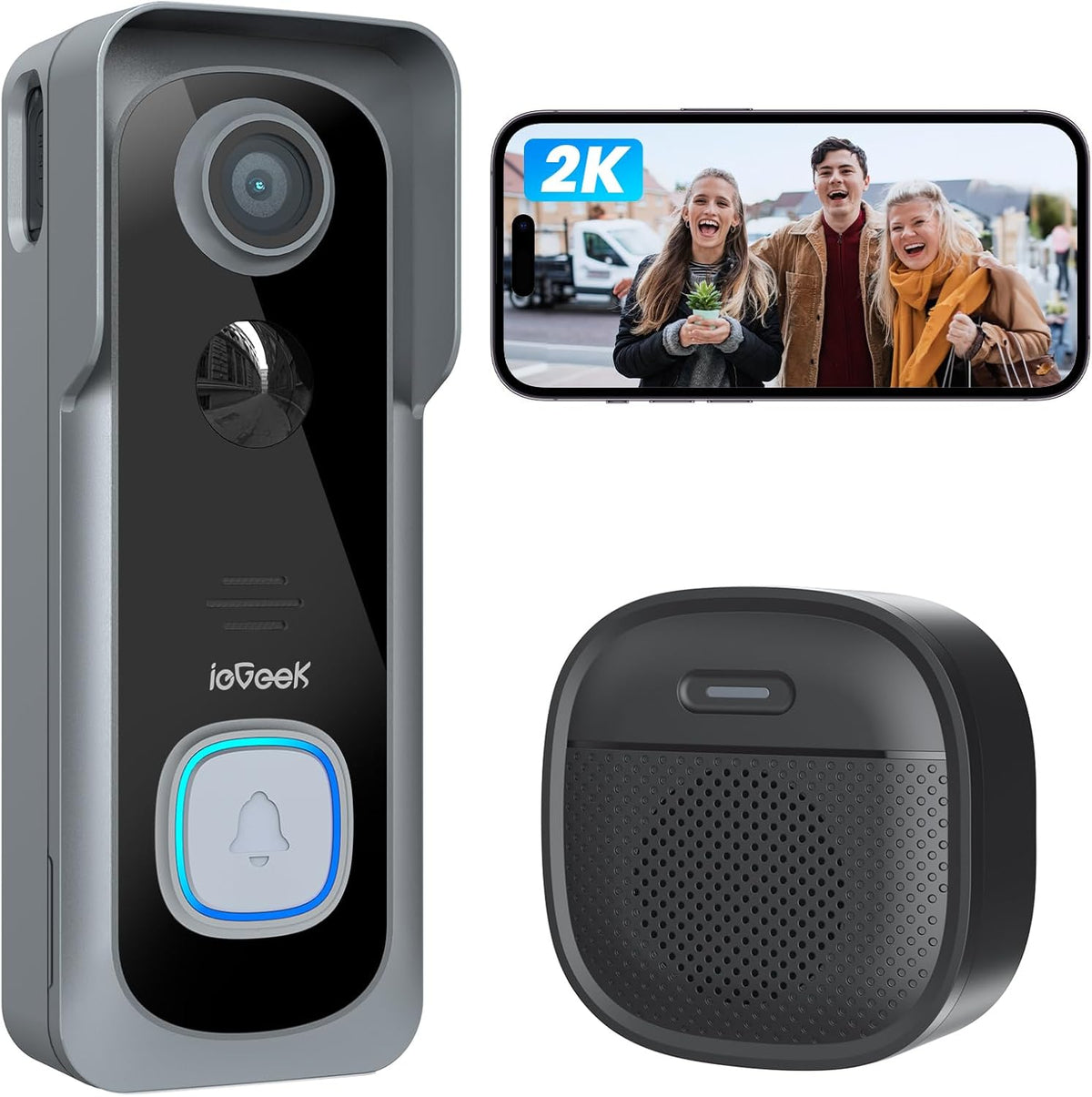 ieGeek 2K Sonnette sans Fil Exterieur Etanche, Sonnette Vidéo avec Caméra Compatible Alexa, Install Facile, Détection IA, IP66 Étanche,Vision Nocturne, Stockage Cloud, WiFi 2,4 GHz Uniquement (Blanc)
