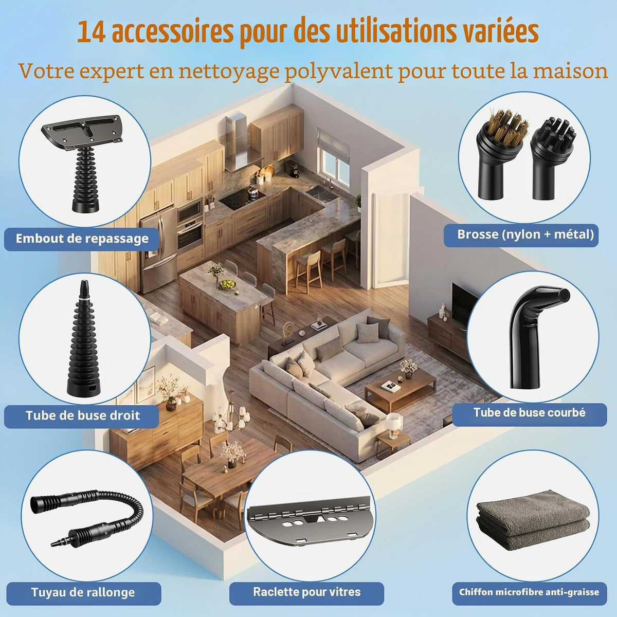 Nettoyeur vapeur, multifonction avec kit d’accessoires de 14 pièces, pression de vapeur de 3 bars, 350 ml, 1200 W, pour le nettoyage de la cuisine, des sols, des carreaux et des canapés.