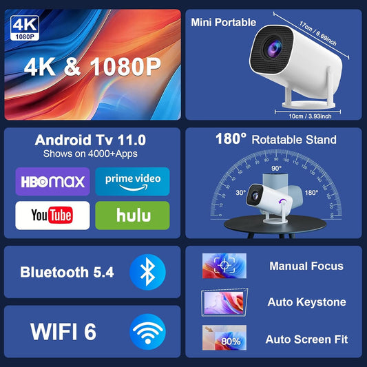 Mini videoprojecteur 4K Full HD 1080p, WiFi 6 et Bluetooth 5.4,Retroprojecteur avec Auto Keystone Rotation 180°, Compatibile avec HDMI/TV Stick/Laptop