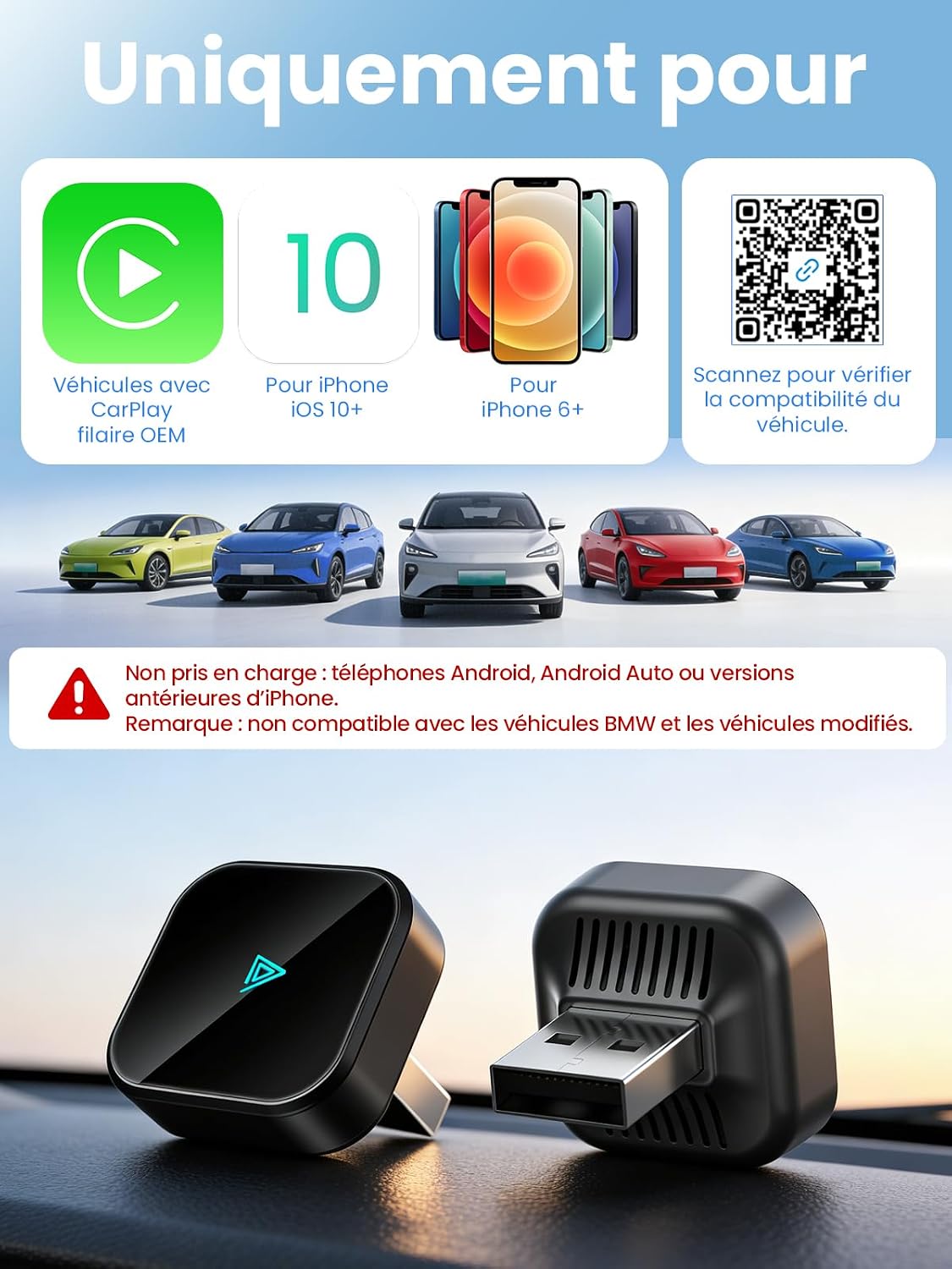 D1 Adaptateur CarPlay sans fil pour iOS, Conversion de CarPlay filaire en CarPlay sans fil, Plug & Play avec USB/Type-C, mini et stable, compatible avec iOS 10+ et les véhicules à partir de 2016