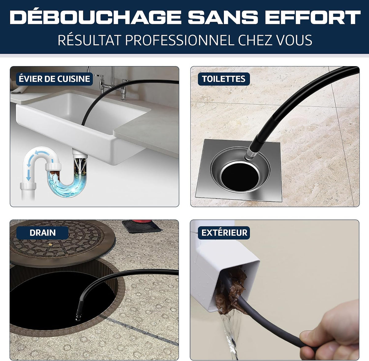 Kit Complet 10-en-1 Déboucheur de Canalisation Haute Pression – Tuyau 35 m Extra-Long Renforcé – 5 Buses + 3 Adaptateurs Laiton – Compatible Kärcher