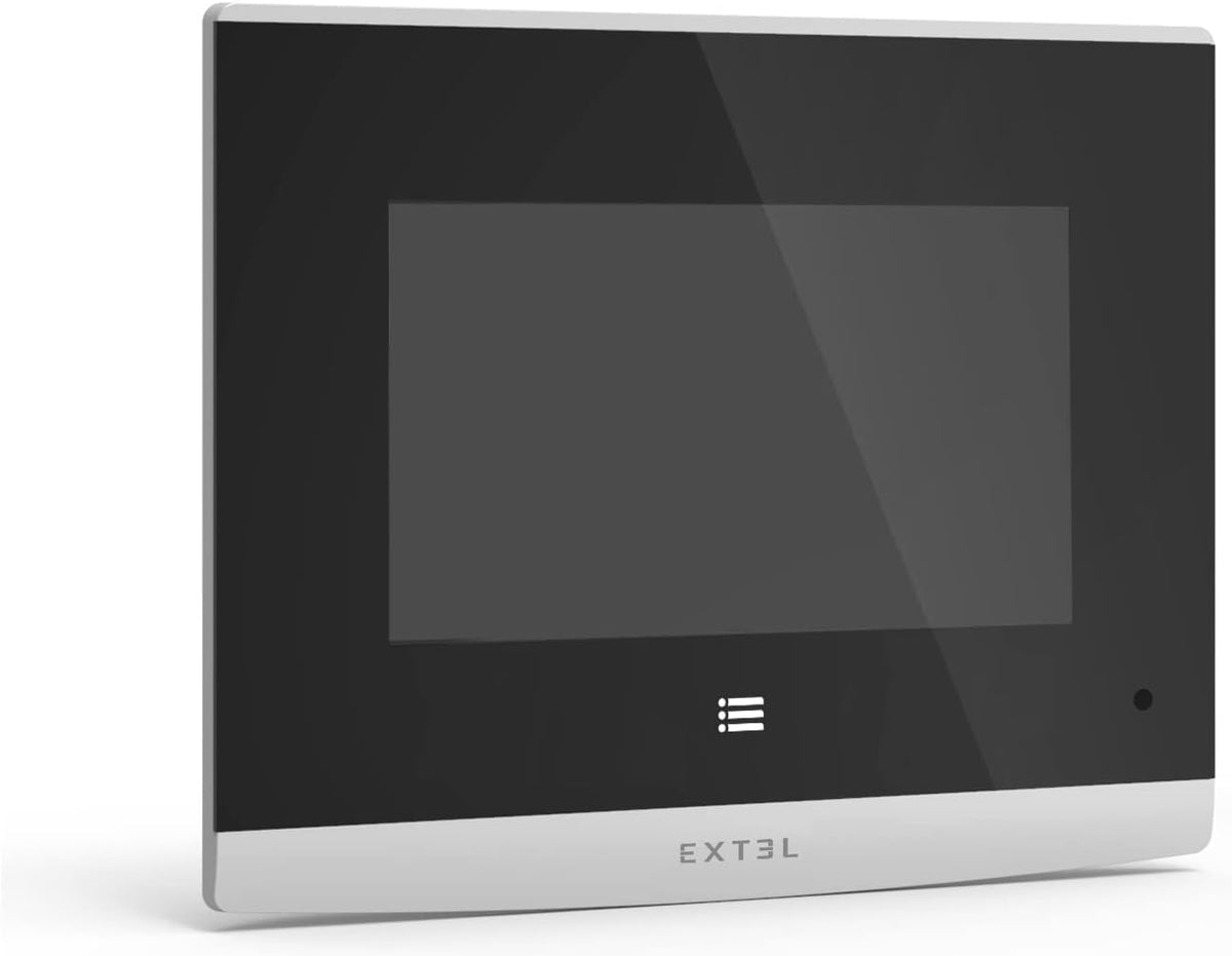 EXTEL Compact, Visiophone Filaire, Interphone Vidéo 2 Fils, Design Ultra Compact, Double Commande Ouverture Portail et Gâche Électrique, Vision Nocturne avec LEDs, Platine de Rue Étanche