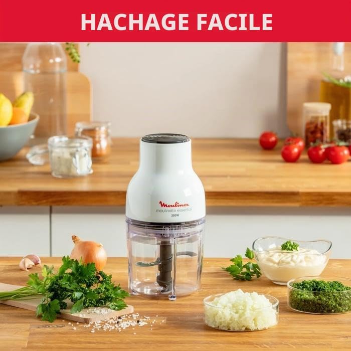 Moulinex Hachoir électrique, 400 ml, 300 W, 4 lames, Fonctions 3-en-1, Emince, Hache, Mixe, Système de pression simple, Moulinette Essential DJ520110, Blanc