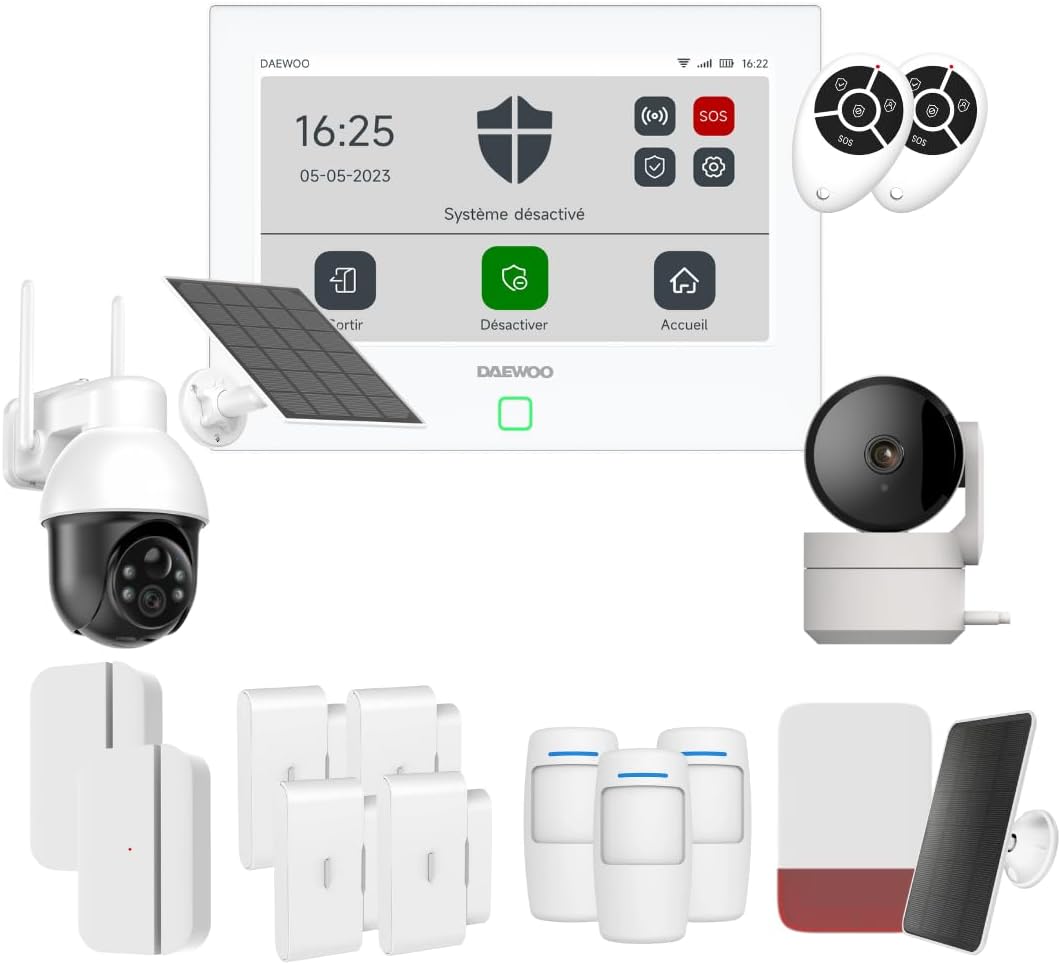 Daewoo Pack Alarme Connectée WiFi/GSM Touch 7 Pouces AM502L - Système sans Fil et sans Abonnement, Compatible Animaux, Détecteurs Inclus + Caméra de Surveillance Full HD, Application Mobile Incluse