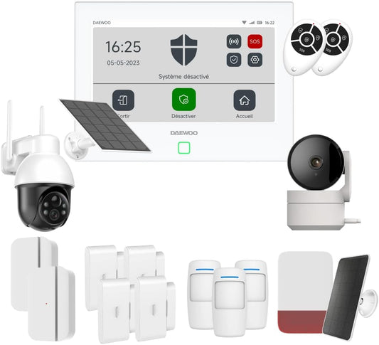 Daewoo Pack Alarme Connectée WiFi/GSM Touch 7 Pouces AM502L - Système sans Fil et sans Abonnement, Compatible Animaux, Détecteurs Inclus + Caméra de Surveillance Full HD, Application Mobile Incluse