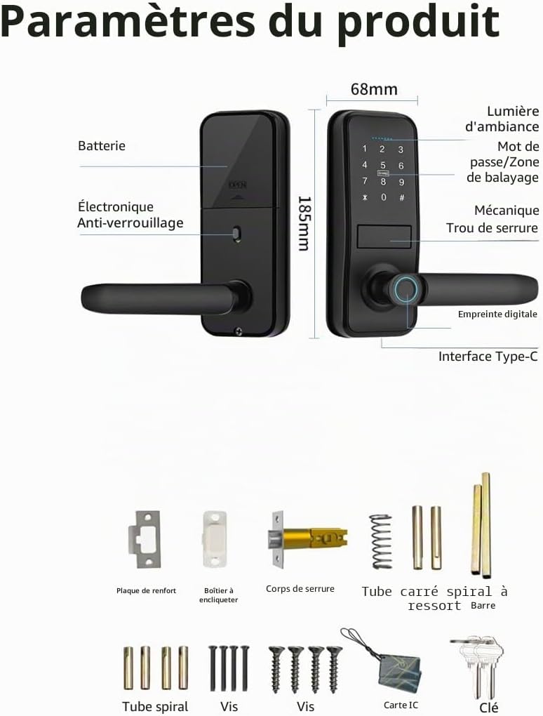 Smart Lock, Serrure de Porte d'Entrée Sans Clé Avec Poignée Noire Mate Sleek Mat, Clavier Électronique Deadbolt, Empreinte Digitale et Clavier Tactile, Verrouillage de Porte