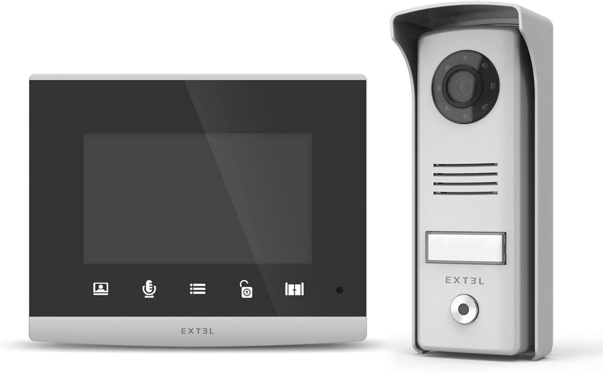 EXTEL Compact, Visiophone Filaire, Interphone Vidéo 2 Fils, Design Ultra Compact, Double Commande Ouverture Portail et Gâche Électrique, Vision Nocturne avec LEDs, Platine de Rue Étanche