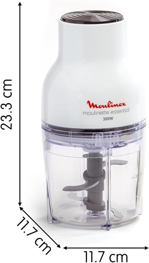 Moulinex Hachoir électrique, 400 ml, 300 W, 4 lames, Fonctions 3-en-1, Emince, Hache, Mixe, Système de pression simple, Moulinette Essential DJ520110, Blanc