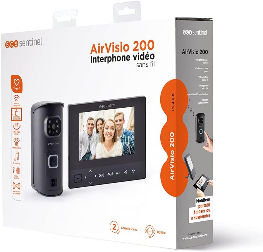 SCS Sentinel, PVS0009, Interphone Vidéo sans fil, Touches sensitives, Portée 200m en champ libre, Installation sans Fil, Grand angle, Alarme Anti Arrachement, AirVisio 200