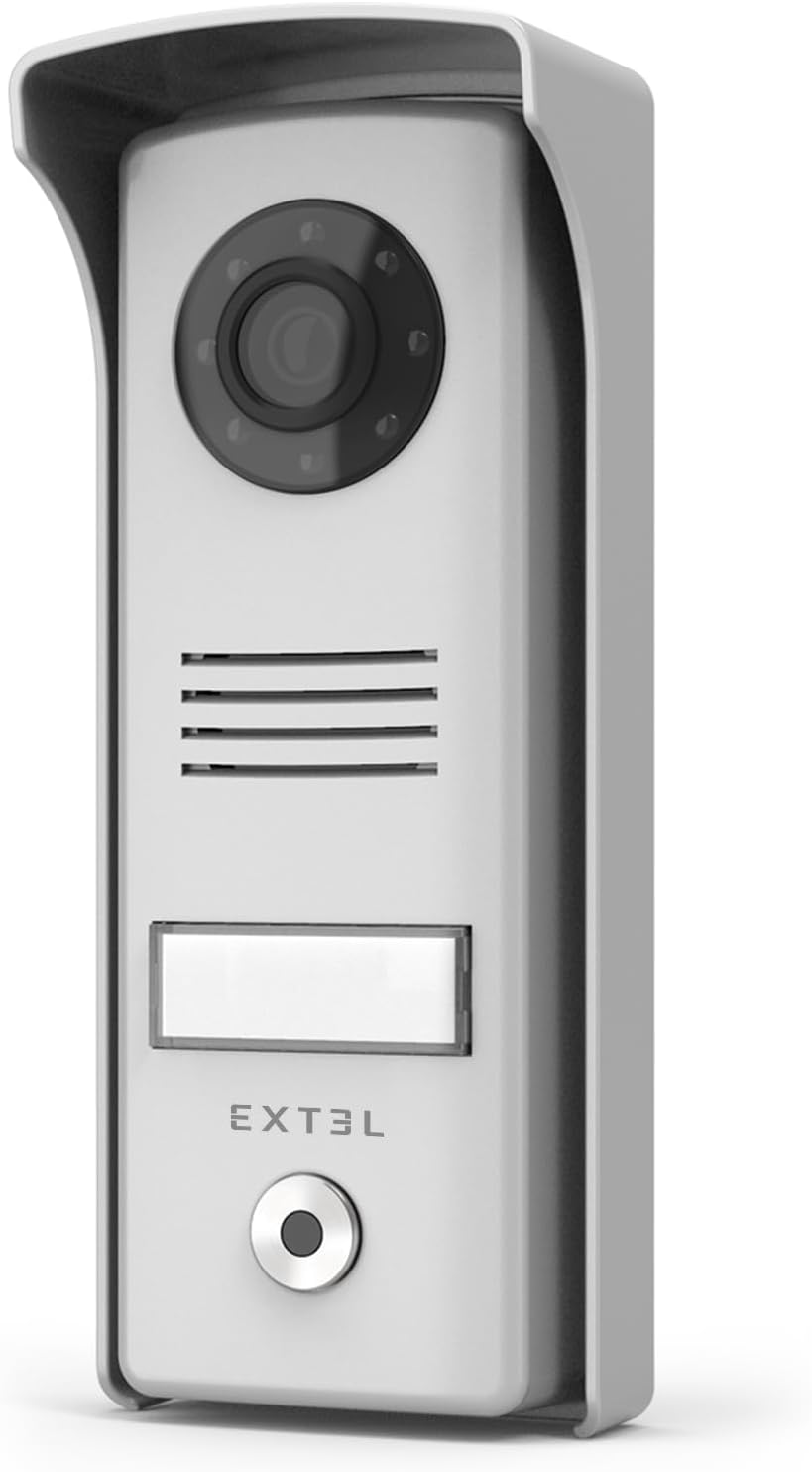 EXTEL Compact, Visiophone Filaire, Interphone Vidéo 2 Fils, Design Ultra Compact, Double Commande Ouverture Portail et Gâche Électrique, Vision Nocturne avec LEDs, Platine de Rue Étanche