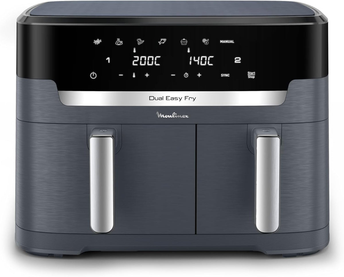 Moulinex Dual Easy Fry XXL, air fryer 2 tiroirs, jusqu'à 10personnes, 7programmes prédéfinis, EZ942BF0, Gris Foncé