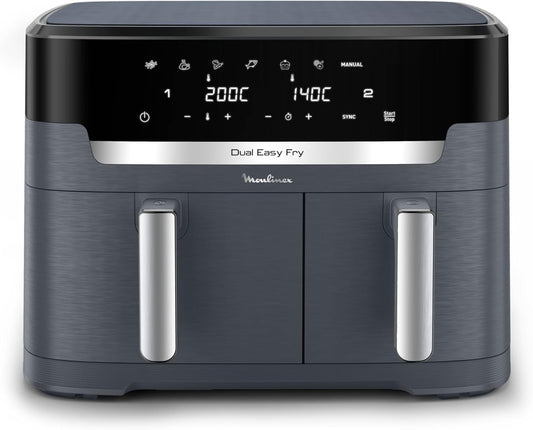 Moulinex Dual Easy Fry XXL, air fryer 2 tiroirs, jusqu'à 10personnes, 7programmes prédéfinis, EZ942BF0, Gris Foncé