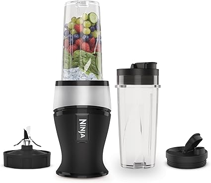Ninja 700W Mixeur Slim et Smoothie Maker, 2x 470ml gobelets avec couvercles à bec, mixeur personnel, écrase la glace et les fruits congelés, argent/noir QB3001EUS