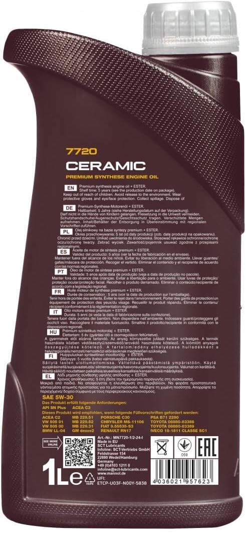 MANNOL Huile moteur Ceramic 5W-30 ACEA C2 ACEA C3 API SN Plus 1 L Compatible avec VW Golf 7 3/5 portes 5G1, BQ1, BE1, BE2 Golf 4 3/5 portes 1J1 Golf 5 3/5 portes 1K1 Golf 6 3/5 portes 5K1, BMW