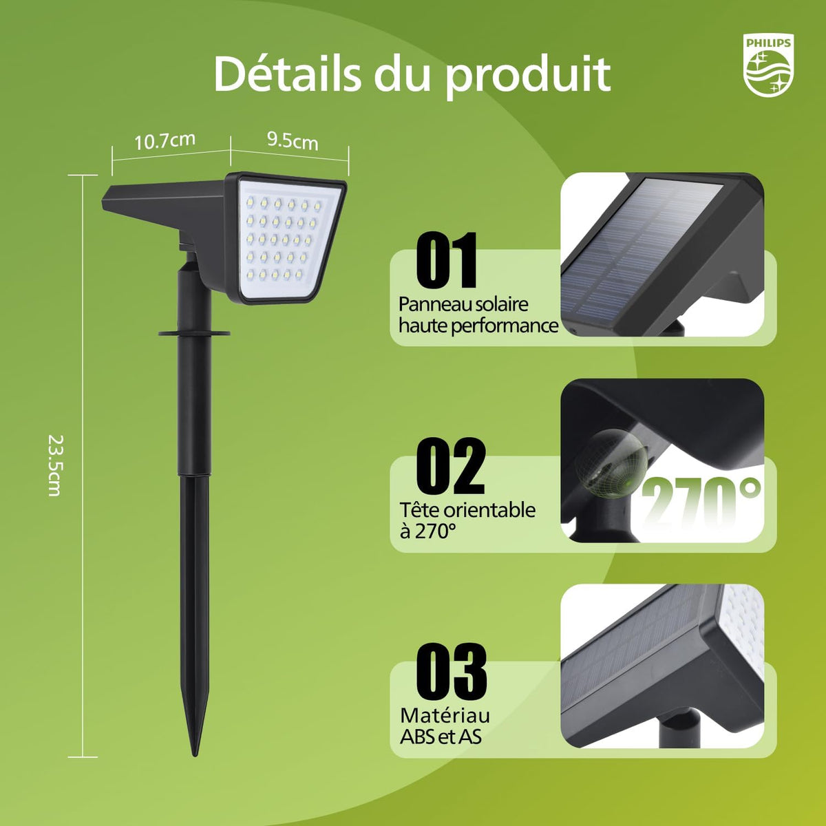 Philips Lot de 4 Projecteurs Spots Lampes Solaires d'Extérieur Étanches, 28 LED 7500K, Éclairage Paysager pour Jardin, Allée et Pelouse, Fonction Crépuscule à l'Aube