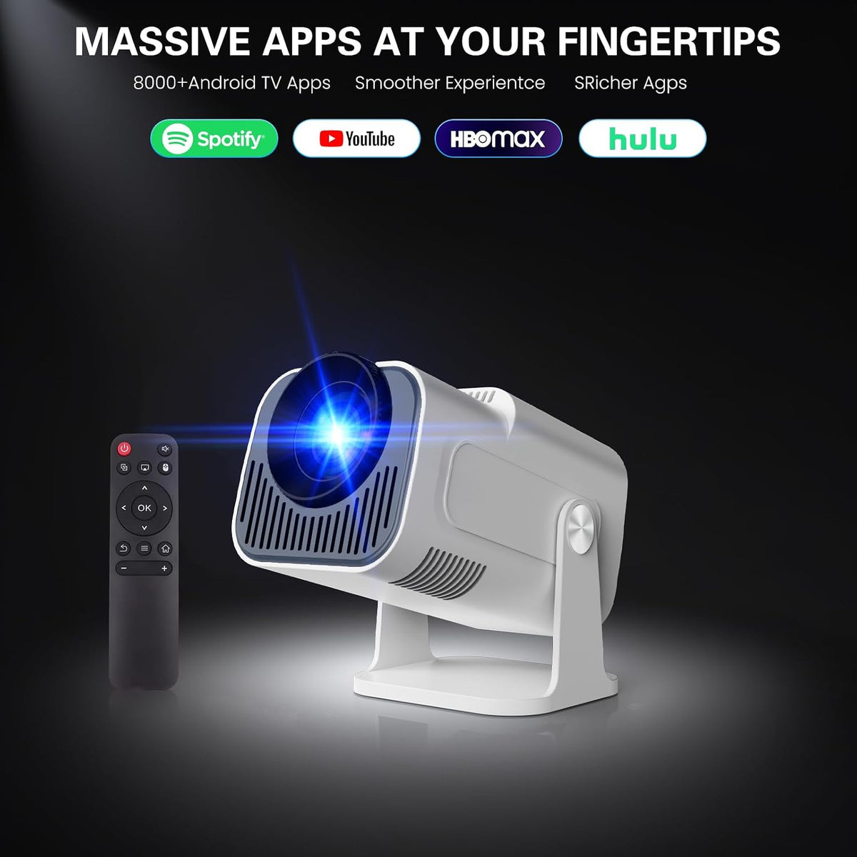 Vidéoprojecteur 4K 1080P WiFi 6 et Bluetooth 5.4 Rotation 180°, Blanc