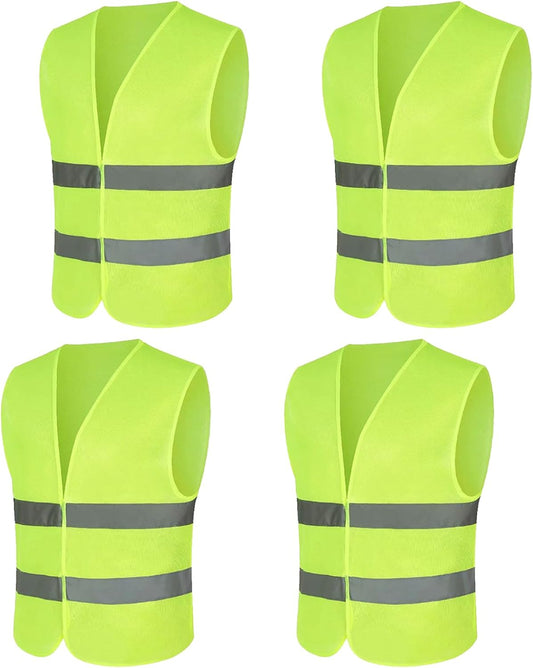 Lot de 4 Gilet Reflechissant | Gilet Fluo avec de Bandes Réfléchissantes | Gilet Haute Visibilité pour Voiture, Construction | Vert Fluorescent