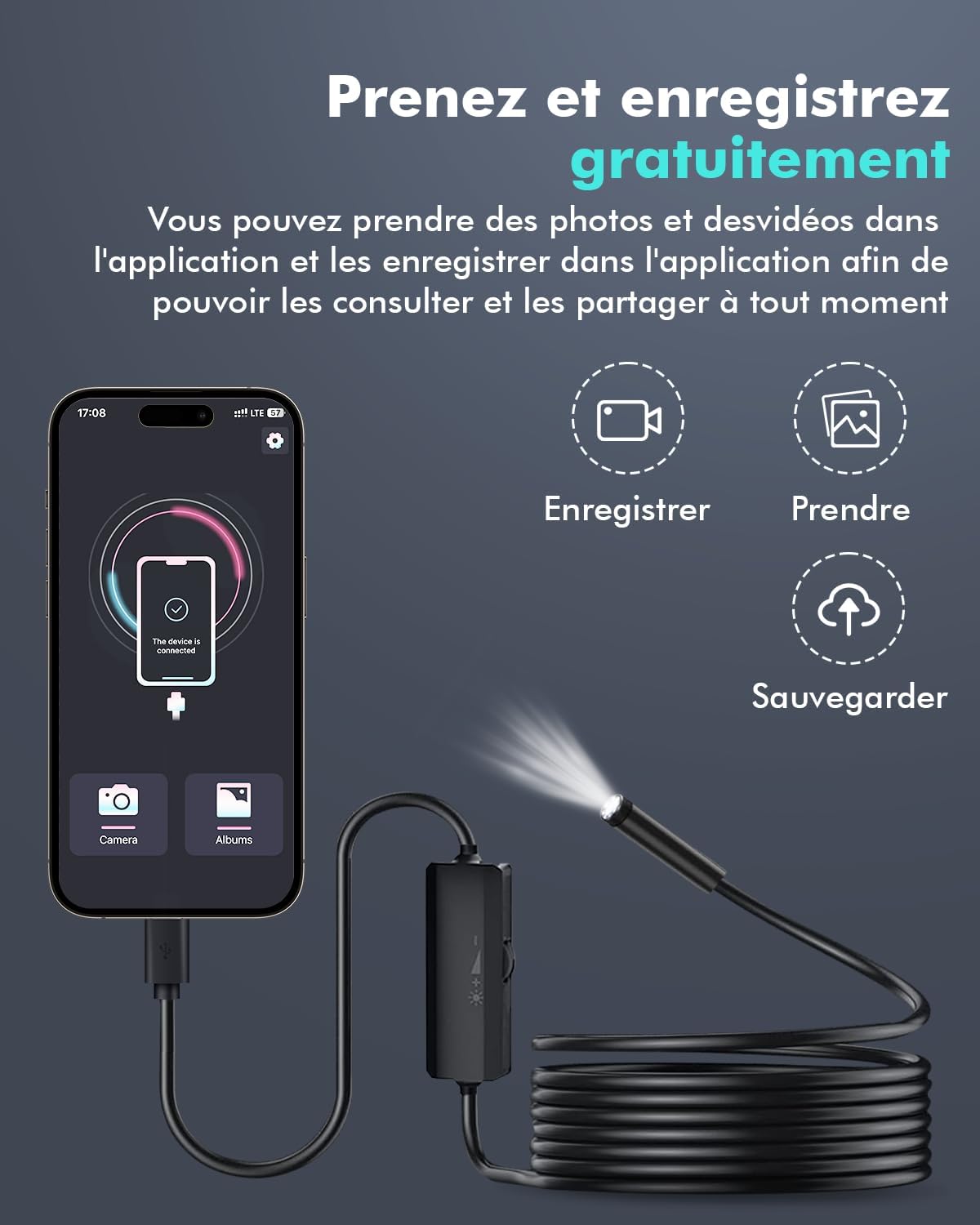 Endoscopique Caméra d'inspection de Serpent 1920P, 3 en 1 USB Camera Endoscopique, Endoscopique Type C de portée avec 8 lumières LED pour Smartphone Android et iOS, iphone, iPad, (16,5 FT/5M)
