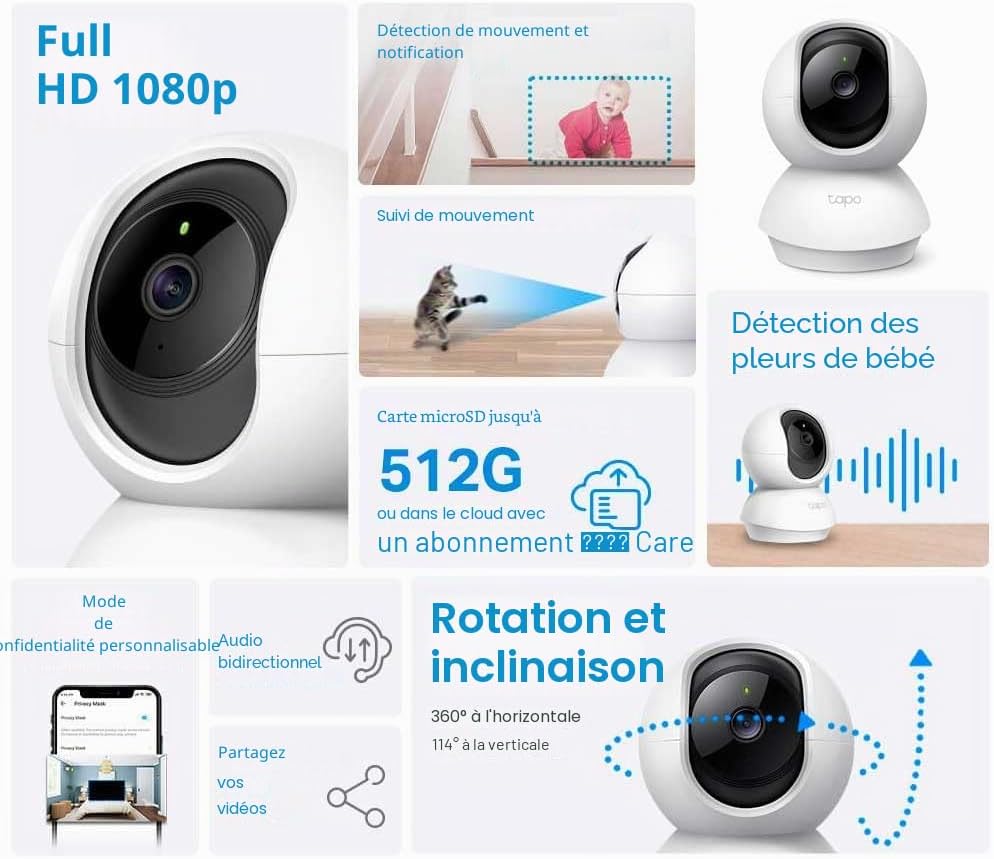 Tapo C200 Caméra Surveillance WiFi intérieure 360° 1080p, Vision Nocturne, Notifications en Temps réel, Détection de Personne, Suivi de Mouvement, Télécommande, Compatible avec Alexa