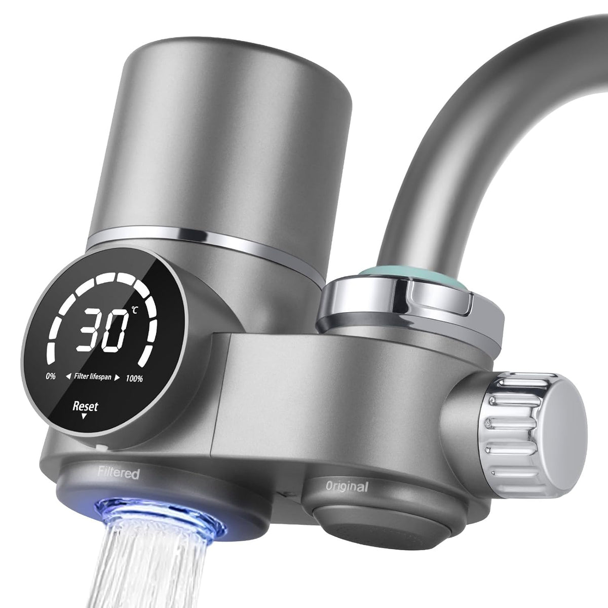 HOTUT Filtre Eau Robinet, Système de Filtre à Eau avec Affichage LED, Comprend 1 Cartouche, 8 Couches de Filtrage, Enlève Impuretés, Chlore, Eau de Javel, Vers, Installation Facile