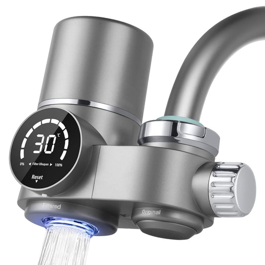 HOTUT Filtre Eau Robinet, Système de Filtre à Eau avec Affichage LED, Comprend 1 Cartouche, 8 Couches de Filtrage, Enlève Impuretés, Chlore, Eau de Javel, Vers, Installation Facile