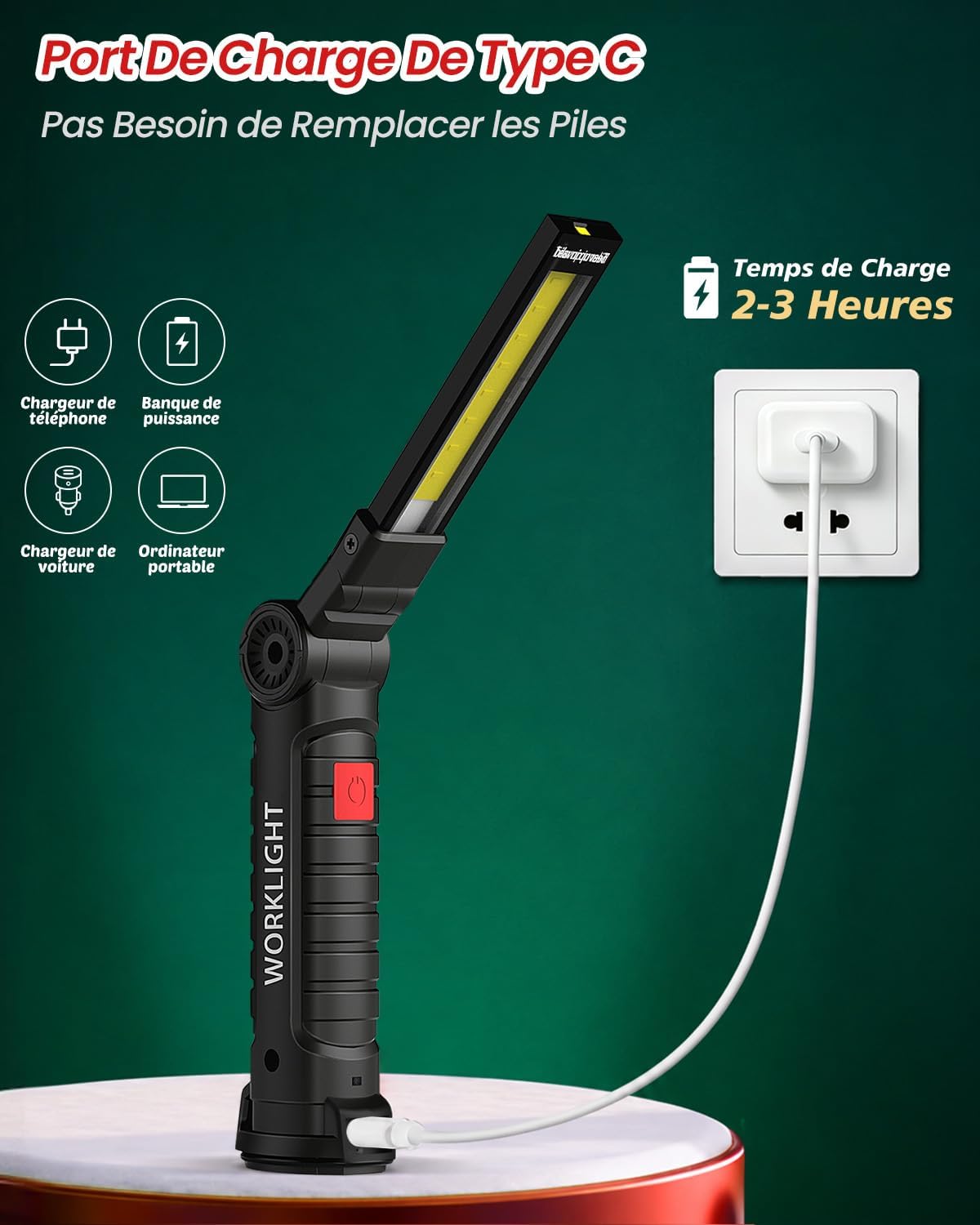 Lot de 2 lampes de Poche COB Torche avec Base Magnétique, 5 Modes Lampe LED Rechargeable pour Garage, Camping et Urgences,