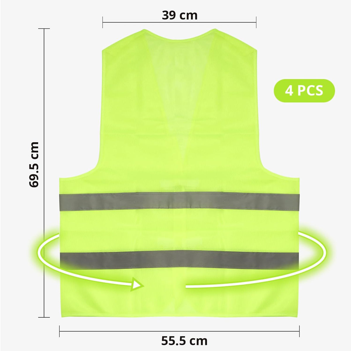 Lot de 4 Gilet Reflechissant | Gilet Fluo avec de Bandes Réfléchissantes | Gilet Haute Visibilité pour Voiture, Construction | Vert Fluorescent