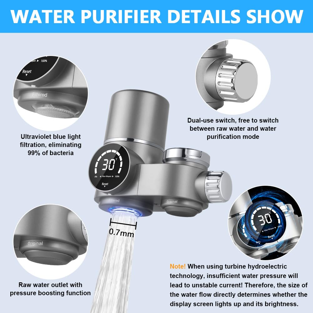 HOTUT Filtre Eau Robinet, Système de Filtre à Eau avec Affichage LED, Comprend 1 Cartouche, 8 Couches de Filtrage, Enlève Impuretés, Chlore, Eau de Javel, Vers, Installation Facile