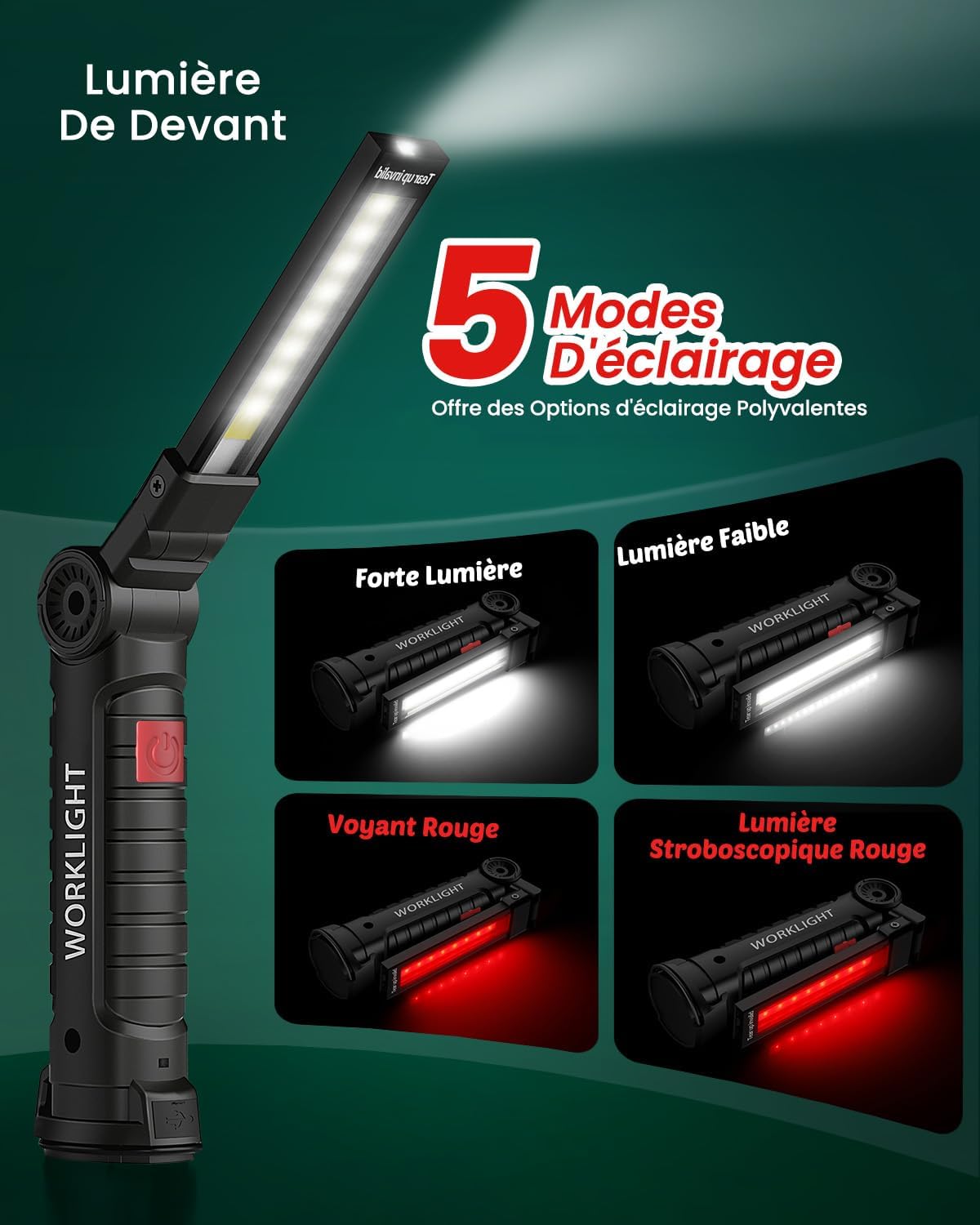 Lot de 2 lampes de Poche COB Torche avec Base Magnétique, 5 Modes Lampe LED Rechargeable pour Garage, Camping et Urgences,