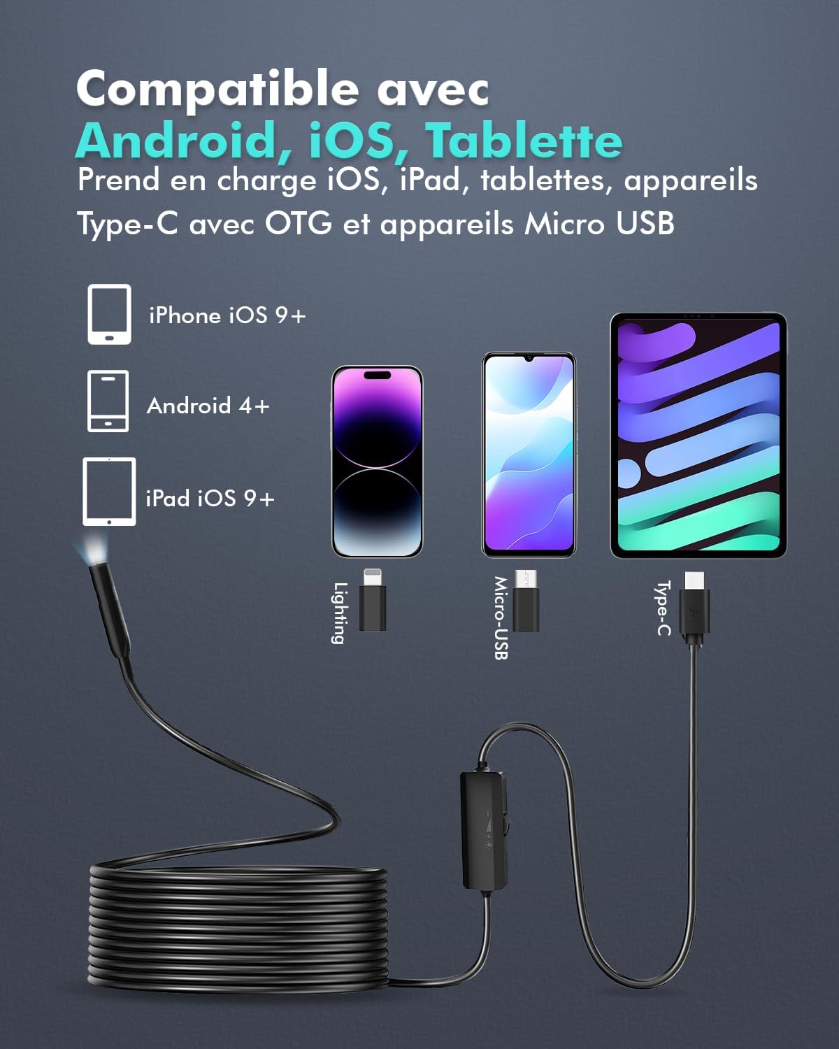Endoscopique Caméra d'inspection de Serpent 1920P, 3 en 1 USB Camera Endoscopique, Endoscopique Type C de portée avec 8 lumières LED pour Smartphone Android et iOS, iphone, iPad, (16,5 FT/5M)