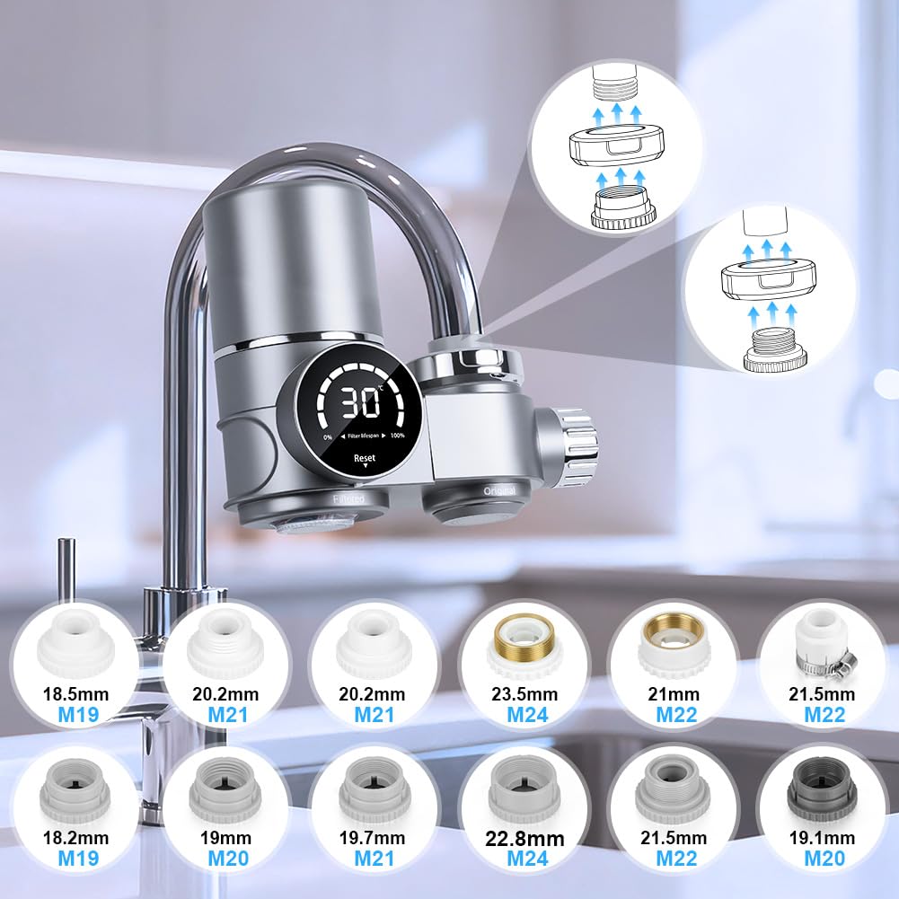 HOTUT Filtre Eau Robinet, Système de Filtre à Eau avec Affichage LED, Comprend 1 Cartouche, 8 Couches de Filtrage, Enlève Impuretés, Chlore, Eau de Javel, Vers, Installation Facile
