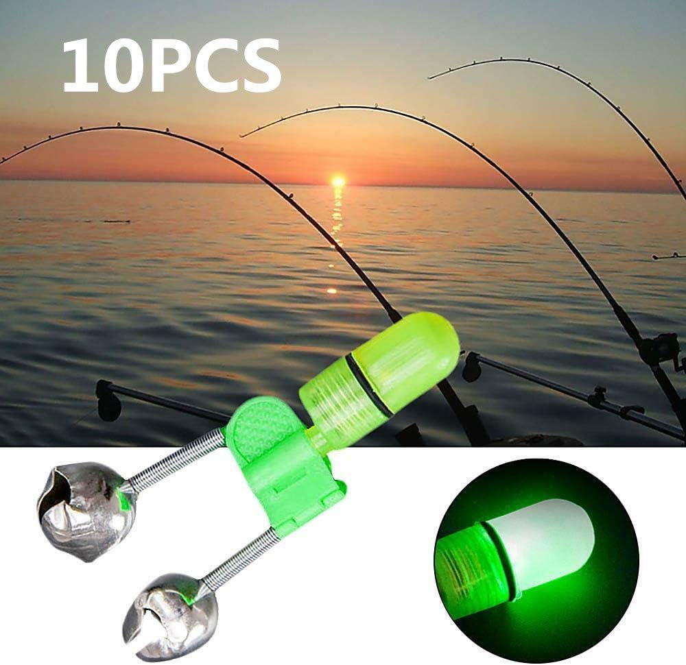 Accessoire de pêche de Nuit Pointe de Canne à lumière LED Anneau de Poisson Morsure Double Cloches résistant à l'eau Vert Argent 10 Paquets