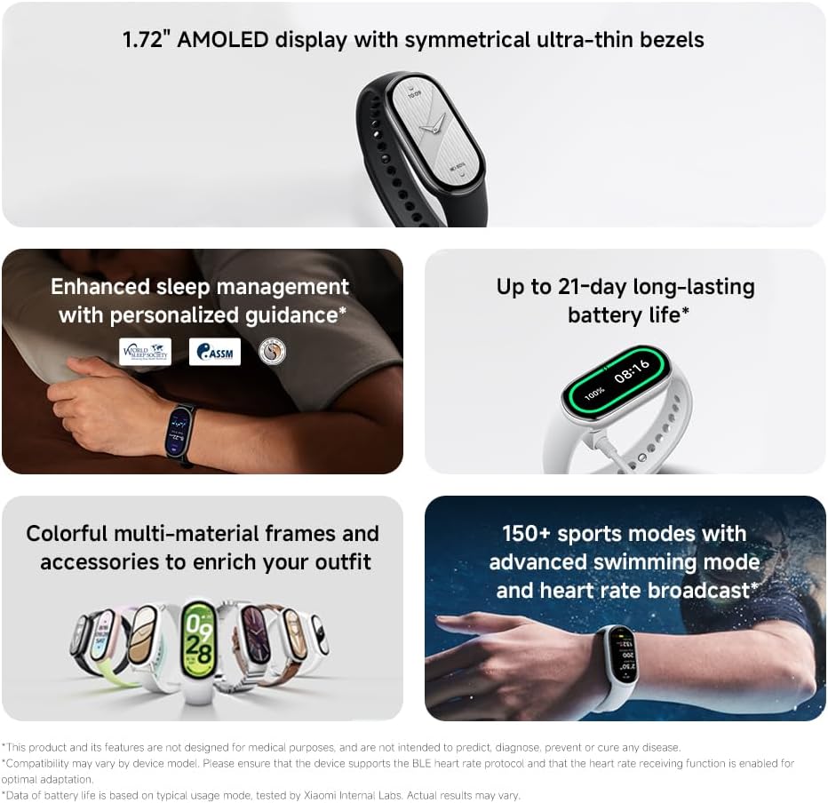 Xiaomi Smart Band 10, Montre Connectée, Boîtier alu, Suivi d'Activité, Écran AMOLED 1.72'', Autonomie 21 Jours, Charge Rapide, Suivi santé & Sommeil,150+ Sports, iOS & Android, 5 ATM, Boussole
