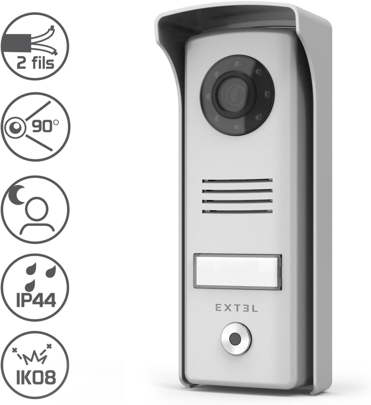 EXTEL Compact, Visiophone Filaire, Interphone Vidéo 2 Fils, Design Ultra Compact, Double Commande Ouverture Portail et Gâche Électrique, Vision Nocturne avec LEDs, Platine de Rue Étanche