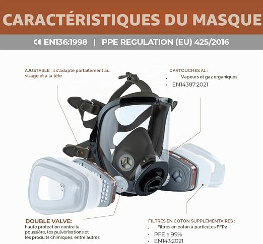 Masque à Gaz Complet Respirateur RHINO Réutilisable pour Vapeurs Organiques
