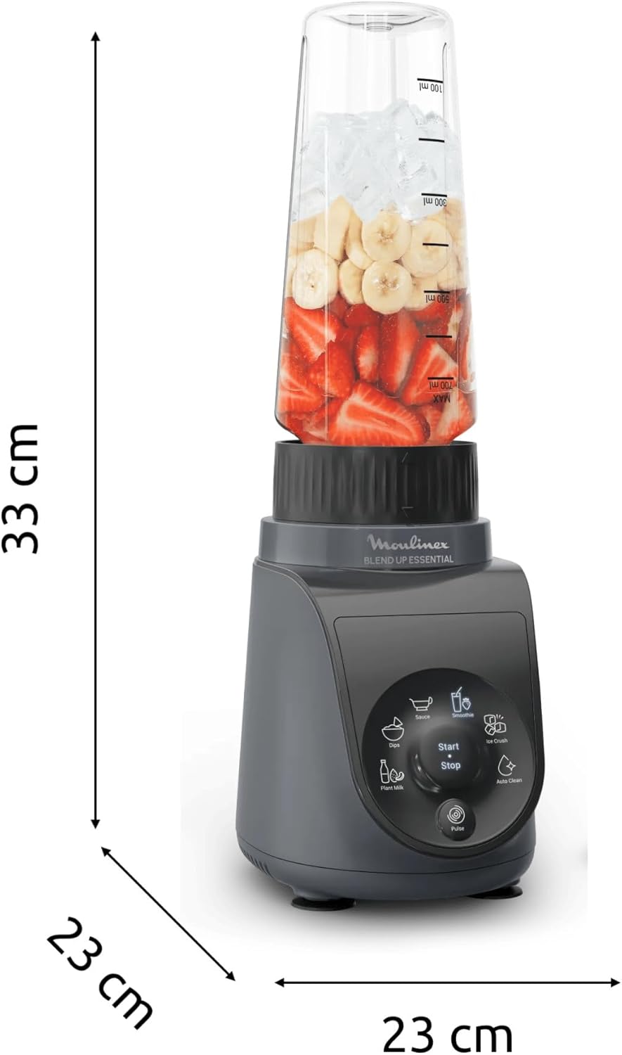 Moulinex Blend Up Essential, Mini blender, 800 W, 6 programmes automatiques, Glace pilée, Nettoyage automatique, Gris foncé, LM1EHBF0
