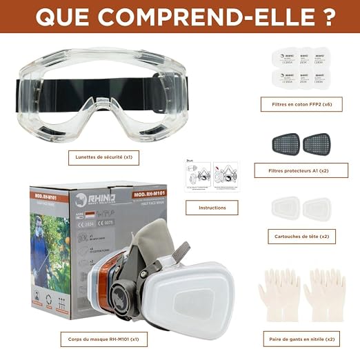 RHINO Smart Solutions Masque Peinture A1 Protection Respiratoire Réutilisable Anti Poussiere, Gaz, Chimique, Resine Epoxy, Travaux du Bricolage | Avec Filtres en Coton, Lunettes de Sécurité, Gants