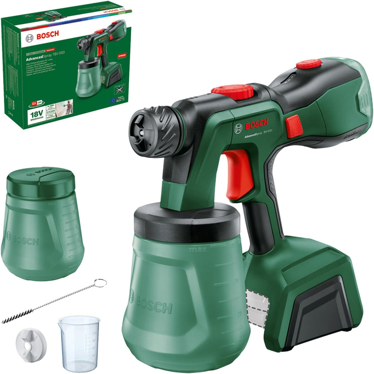 Bosch Pistolet à peinture sans fil AdvancedSpray 18V-500 (laques, vernis, peintures à disp./latex ; 3m²/min ; 2x godets 1 200 ml ; système 18V ; sans batterie)