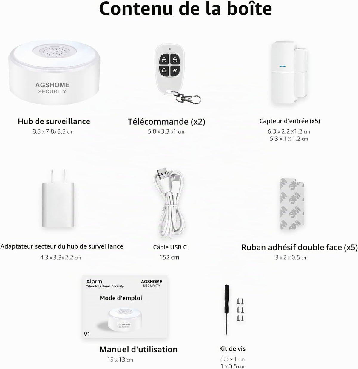 AGSHOME Alarme Maison sans Fil Intelligent WiFi - Alarme de Porte, 1 Alarme avec Sirène, 5 Capteurs de Fenêtre et de Porte, 2 Télécommande, Compatible avec Alexa, Google Assistant