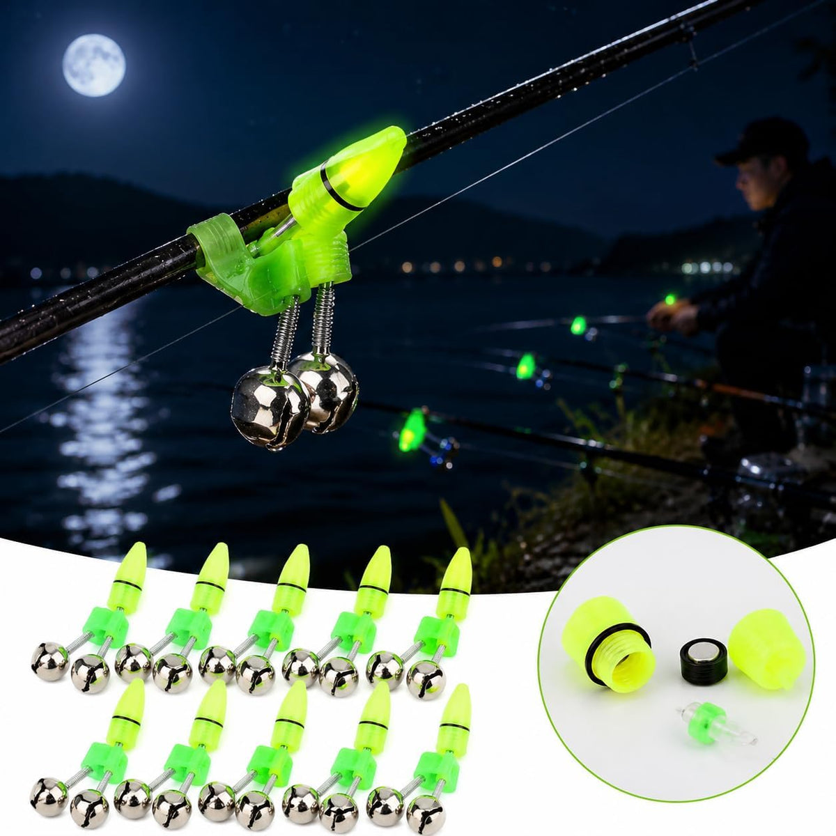 Accessoire de pêche de Nuit Pointe de Canne à lumière LED Anneau de Poisson Morsure Double Cloches résistant à l'eau Vert Argent 10 Paquets