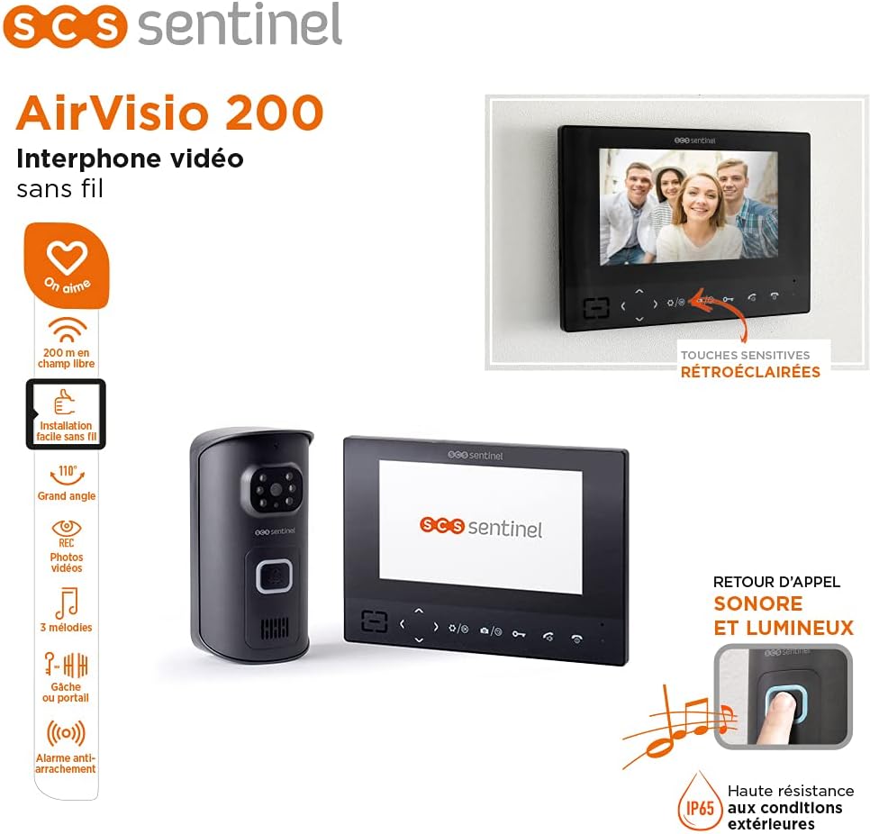 SCS Sentinel, PVS0009, Interphone Vidéo sans fil, Touches sensitives, Portée 200m en champ libre, Installation sans Fil, Grand angle, Alarme Anti Arrachement, AirVisio 200