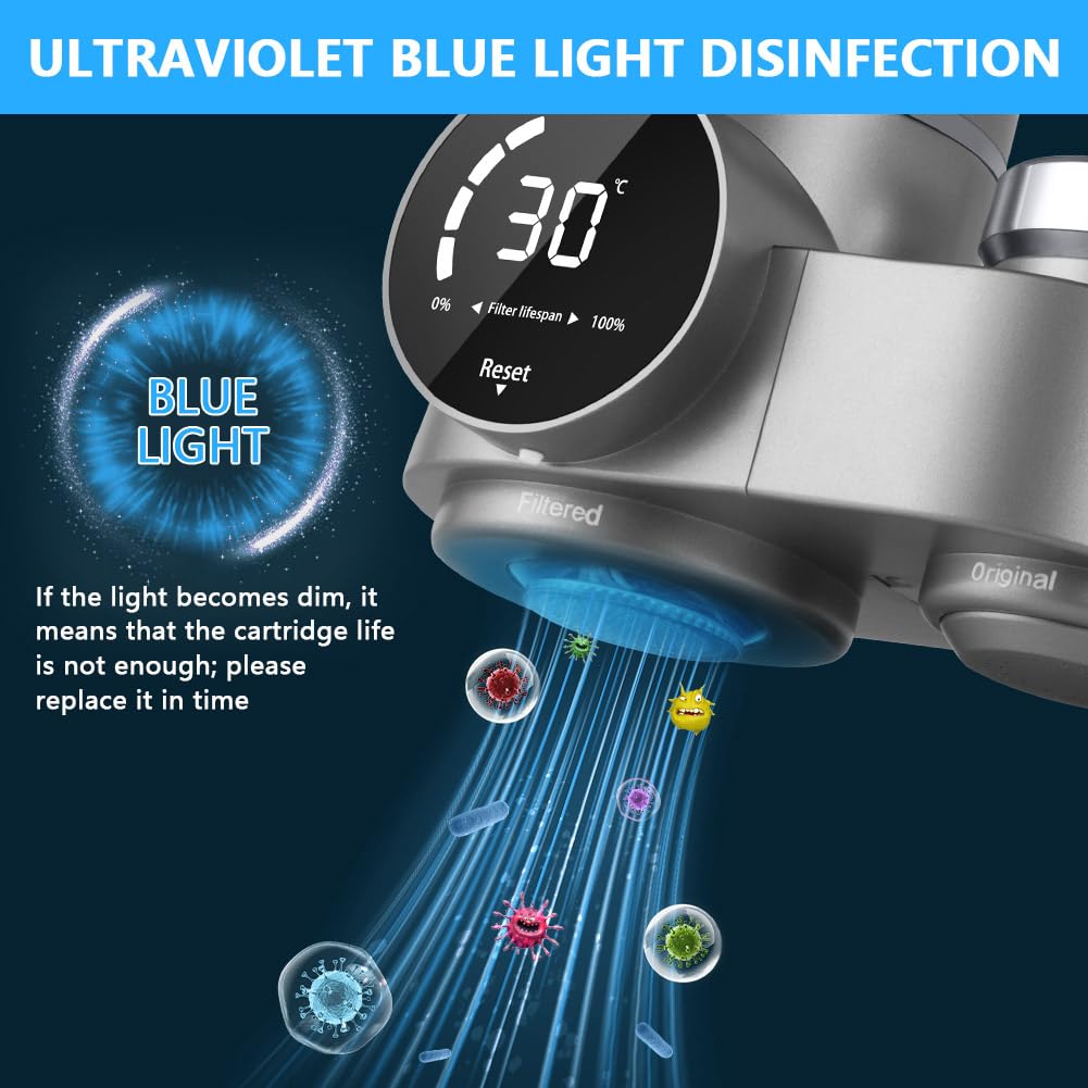 HOTUT Filtre Eau Robinet, Système de Filtre à Eau avec Affichage LED, Comprend 1 Cartouche, 8 Couches de Filtrage, Enlève Impuretés, Chlore, Eau de Javel, Vers, Installation Facile