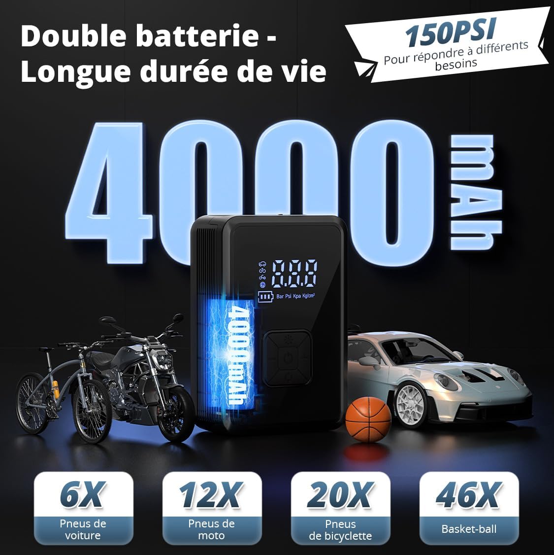 Oasser Gonfleur Pneus Voiture sans Fil Mini Compresseur à Air Portatif 150 PSI (10,3 Bar) Inflation Rapide Cylindre 17 mm Type-C USB Charge avec Tuyau de 30 cm et Sac de Rangement
