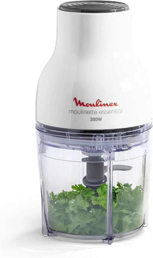 Moulinex Hachoir électrique, 400 ml, 300 W, 4 lames, Fonctions 3-en-1, Emince, Hache, Mixe, Système de pression simple, Moulinette Essential DJ520110, Blanc