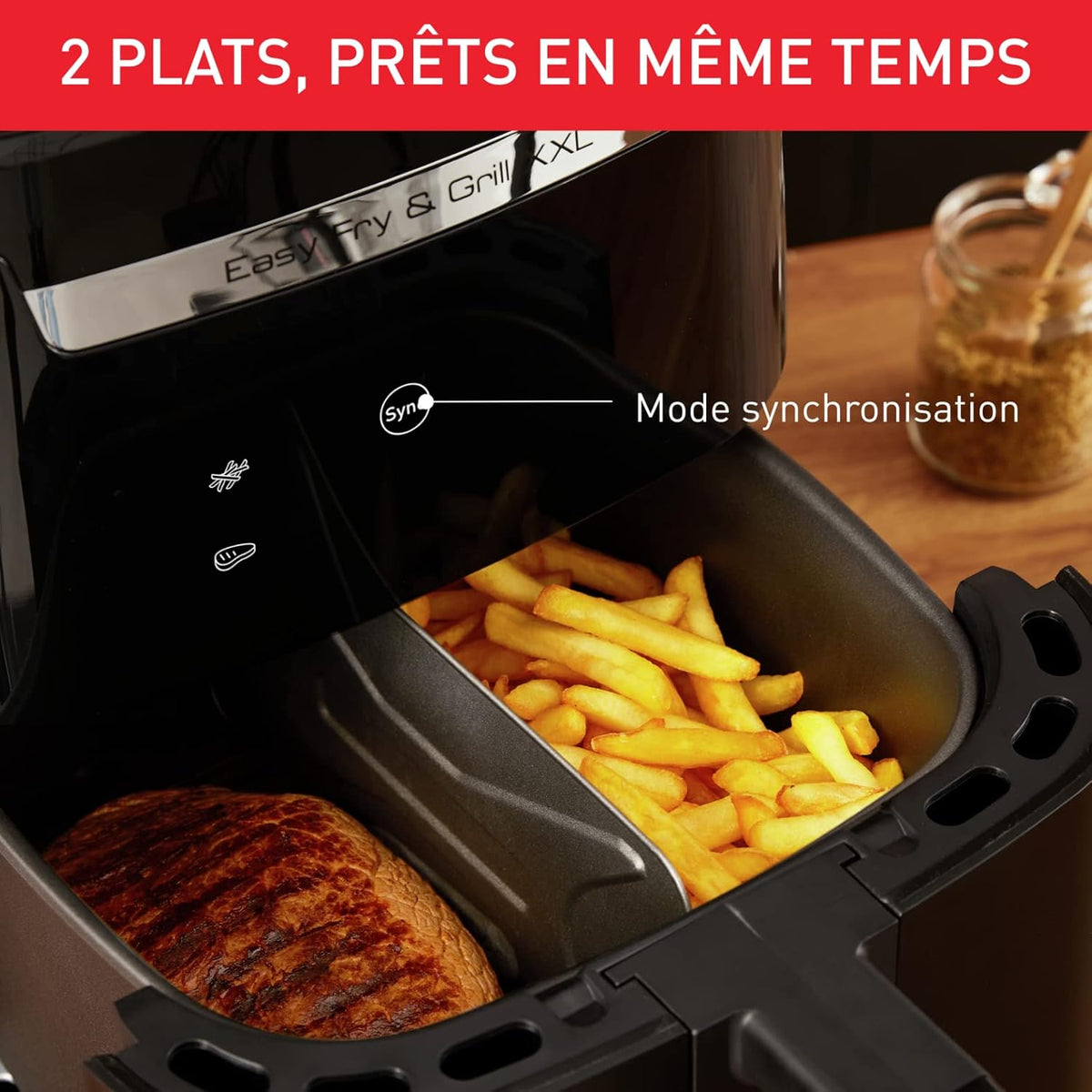 Moulinex Easy Fry & Grill XXL Friteuse sans huile + gril, Capacité 6,5 L, Jusqu’à 8 personnes, 8 programmes automatiques, Séparateur double cuisson, Application Moulinex, air fryer EZ801810