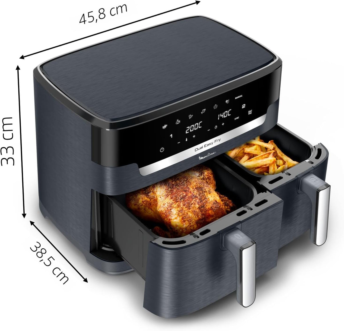 Moulinex Dual Easy Fry XXL, air fryer 2 tiroirs, jusqu'à 10personnes, 7programmes prédéfinis, EZ942BF0, Gris Foncé