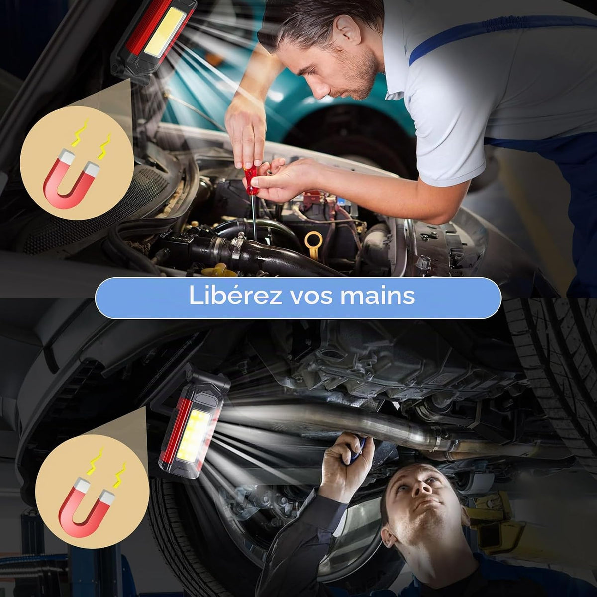 2 Pièce Lampe Led Rechargeable, Lampes d'inspection, Lampe Atelier CoB,Avec Support Pivotant et Crochet Pliant, Baladeuse Led Mecanicien, Torche LED magnétique,pour Auto, Atelier, Camping et Urgences